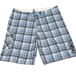 QUICKSILVER ~ Men's Blue and White Plaid Board Shorts w/Drawstring Tie size L